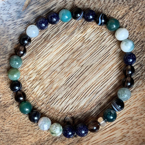 black sardonyx | blue goldstone | moss agate | smoky quartz | tree agate