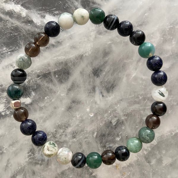 black sardonyx | blue goldstone | moss agate | smoky quartz | tree agate